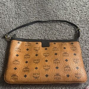 MCM Cognac Logo Visetos Wristlet with Black Trim